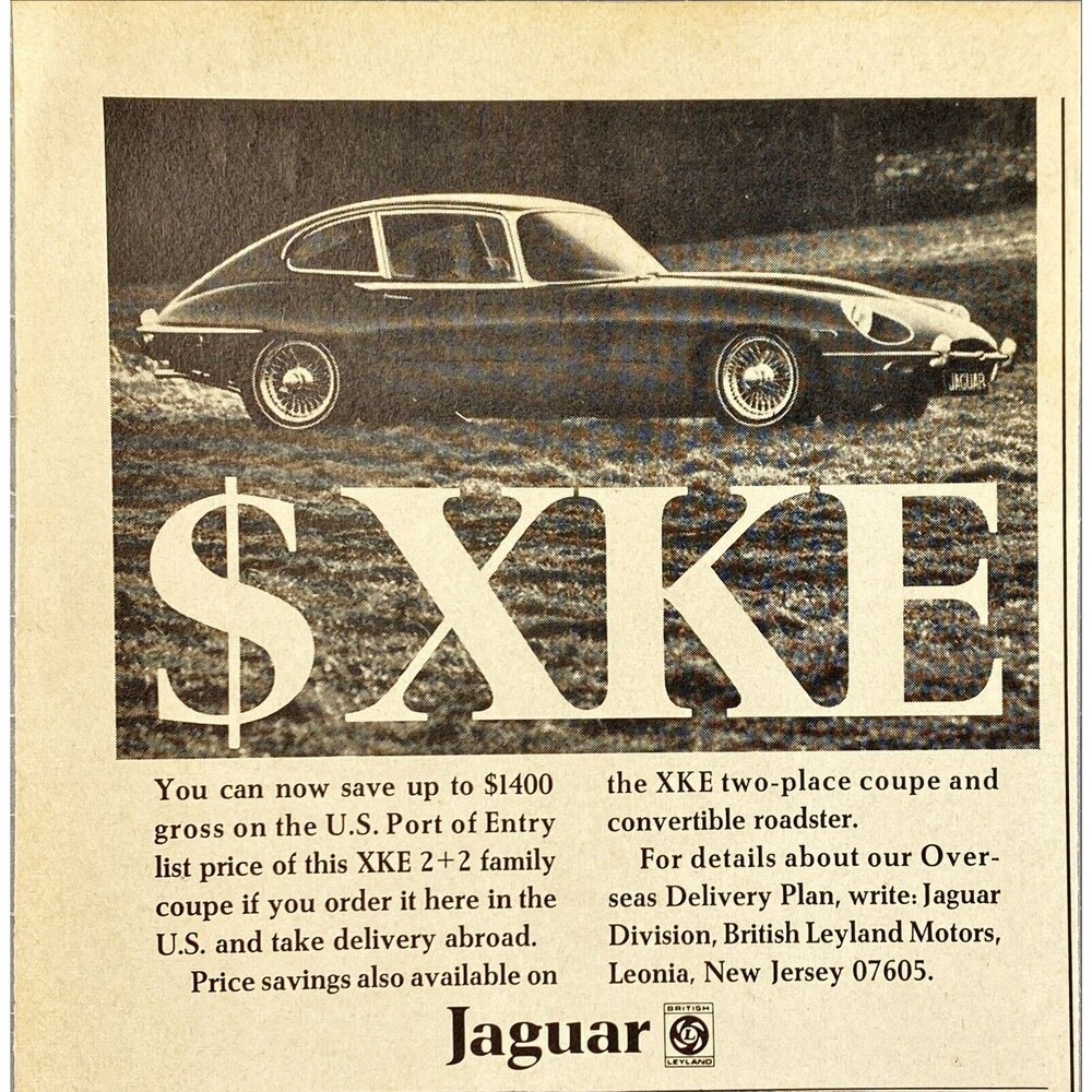 Jaguar XKE 2+2 Family Coupe "You Can Save Up To $1400" Vintage Print Ad 1969